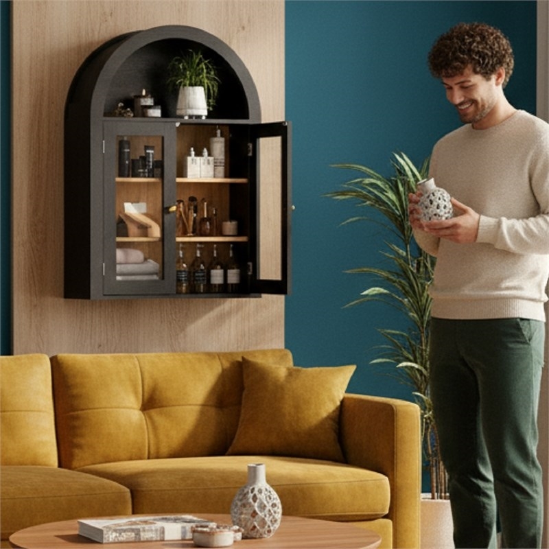 Black Engineered Wood Arch Wall Cabinet with Glass Doors & 4-Tier Shelves