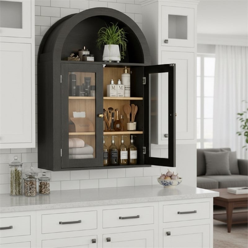 Black Engineered Wood Arch Wall Cabinet with Glass Doors & 4-Tier Shelves