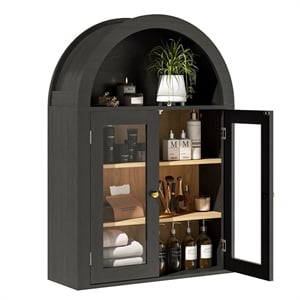 Black Engineered Wood Arch Wall Cabinet with Glass Doors & 4-Tier Shelves