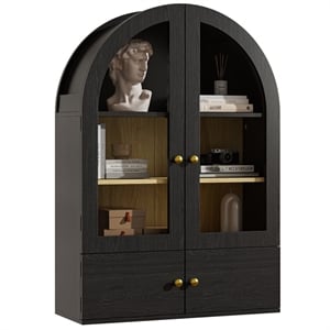 33.5&quotH Black Engineered Wood Arch Wall Cabinet with Glass Doors & 4-Tier Shelves