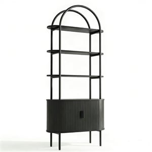 71&quotH Black Engineered Wood Arched Bookshelf with 4-Tier Shelf & Fluted Cabinet