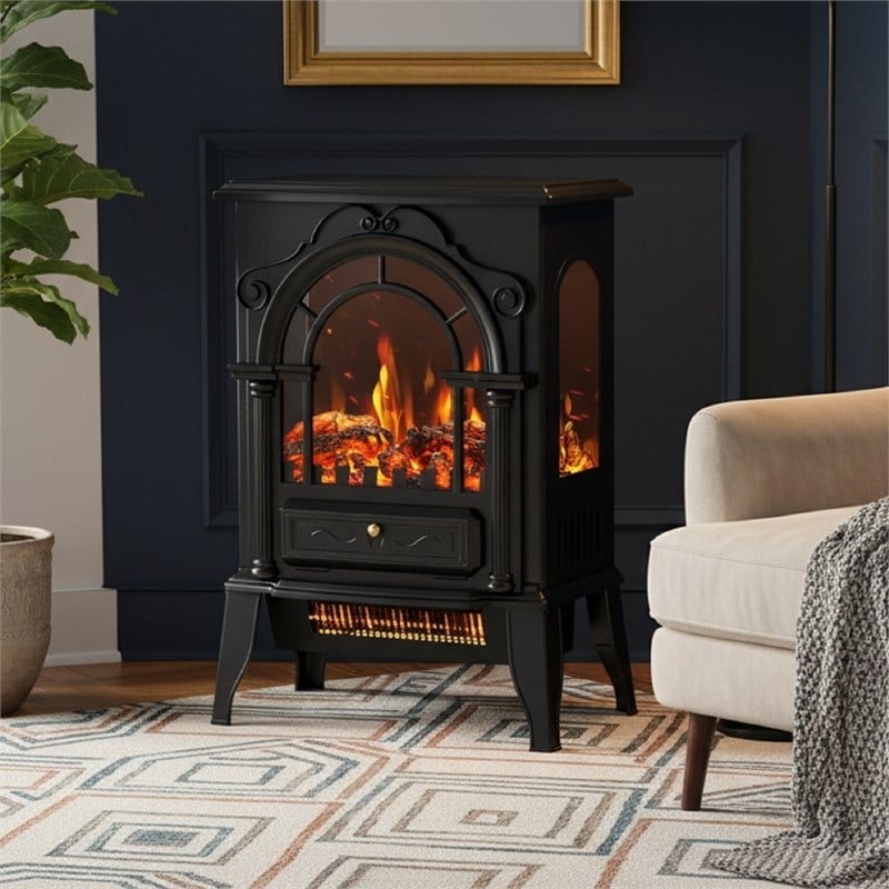 Black Metal 3-Sided Electric Fireplace Heater with Panoramic 3D Flame