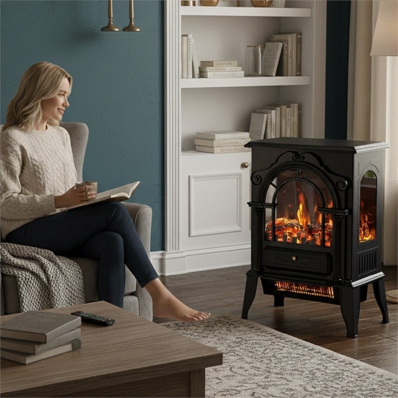 Black Metal 3-Sided Electric Fireplace Heater with Panoramic 3D Flame
