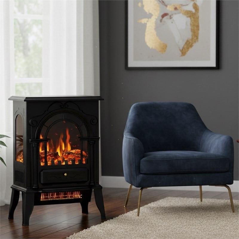 Black Metal 3-Sided Electric Fireplace Heater with Panoramic 3D Flame