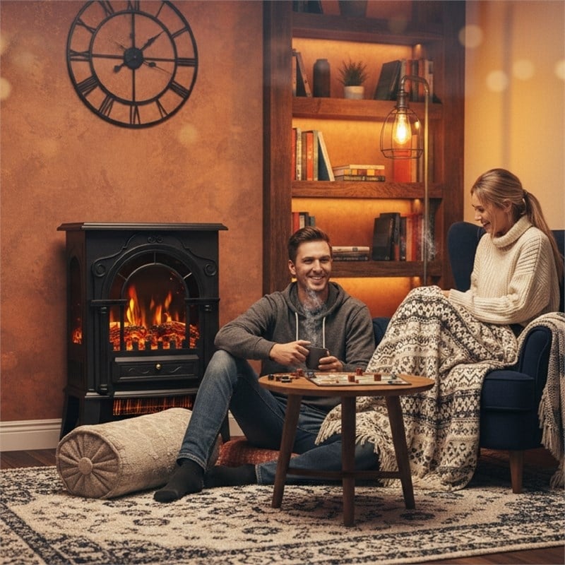 Black Metal 3-Sided Electric Fireplace Heater with Panoramic 3D Flame