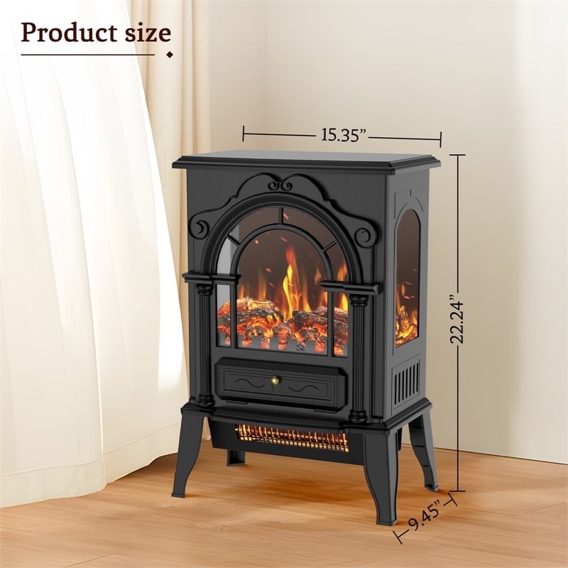 Black Metal 3-Sided Electric Fireplace Heater with Panoramic 3D Flame