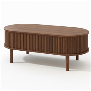 40&quot Oval Brown Engineered Wood Fluted Lift Top Coffee Table with Hidden Storage