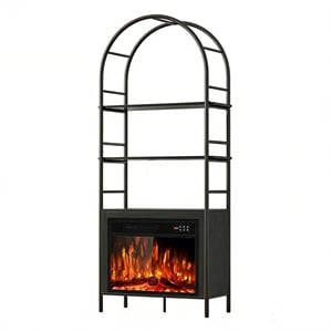 72&quot Black Arched Bookshelf with 23&quot Electric Fireplace & Metal Frame