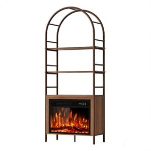 72&quot Brown Arched Bookshelf with 23&quot Electric Fireplace & Metal Frame