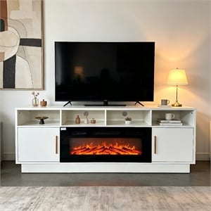 70&quot White Engineered Wood TV Stand with 36&quot Fireplace & LED Lights