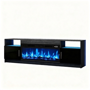 70&quot Black Engineered Wood TV Stand with 36&quot Fireplace & Marble Top