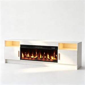 70&quot White Engineered Wood TV Stand with 36&quot Electric Fireplace & LED Lights