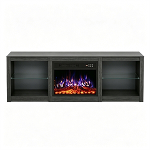 70&quot Black Engineered Wood TV Stand with 23&quot Fireplace & LED Lights