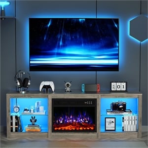 70&quot Gray Engineered Wood TV Stand with 23&quot Fireplace & LED Lights