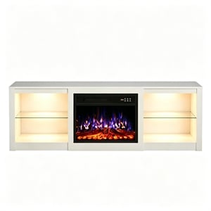 70&quot White Engineered Wood TV Stand with 23&quot Fireplace & LED Lights