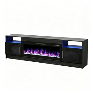 80&quot Black Engineered Wood TV Stand with 42&quot Fireplace & LED Lights