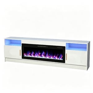 80&quot White Engineered Wood TV Stand with 42&quot Fireplace & LED Lights