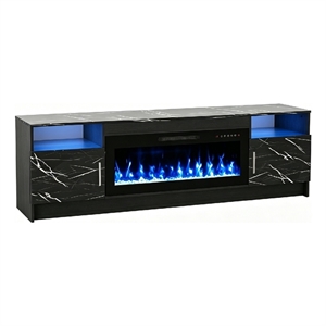 70&quot Black Engineered Wood TV Stand with 36&quot Fireplace & Marble Top