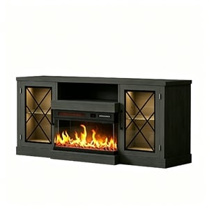 59&quot Black Engineered Wood TV Stand with 3-Sided Glass Fireplace & LED