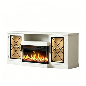 59&quot White Engineered Wood TV Stand with 24&quot 3-Sided Glass Fireplace