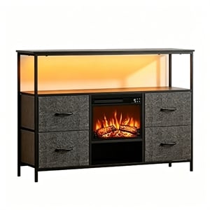 55&quot Black Engineered Wood TV Stand with 14&quot Electric Fireplace & LED