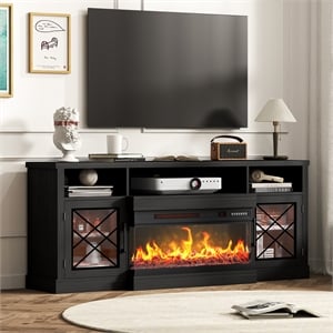 65&quot Black Engineered Wood TV Stand with 30&quot 3-Sided Glass Fireplace