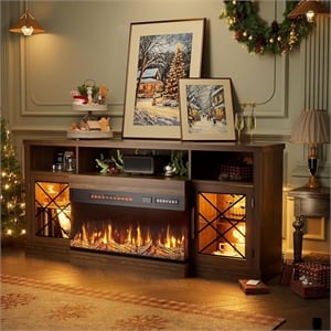 65&quot Brown Engineered Wood TV Stand with 30&quot 3-Sided Glass Fireplace