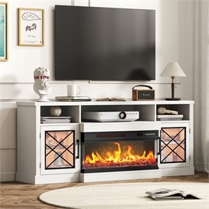65&quot White Engineered Wood TV Stand with 30&quot 3-Sided Glass Fireplace
