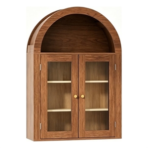 24&quotW Brown Engineered Wood Arch Wall Cabinet with Tempered Glass Doors