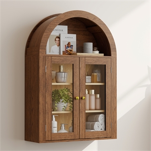24&quotW Brown Engineered Wood Arch Wall Cabinet with Tempered Glass Doors
