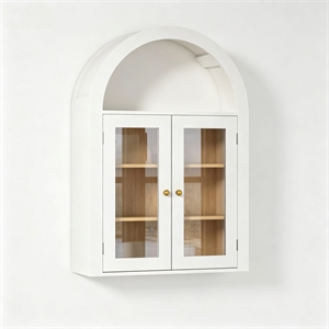 24&quotW White Engineered Wood Arch Wall Cabinet with Tempered Glass Doors