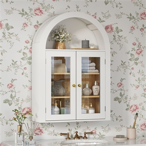 24&quotW White Engineered Wood Arch Wall Cabinet with Tempered Glass Doors