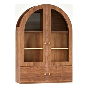 24&quotW Brown Engineered Wood Arch Wall Cabinet with Glass & Wood Doors