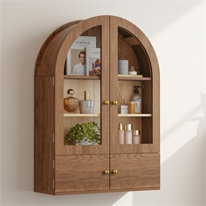24&quotW Brown Engineered Wood Arch Wall Cabinet with Glass & Wood Doors