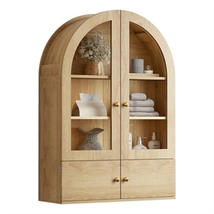 24&quotW Medium Wood Engineered Wood Arch Wall Cabinet with Glass & Wood Doors