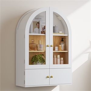 24&quotW White Engineered Wood Arch Wall Cabinet with Glass & Wood Doors