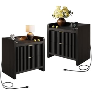 24&quot Black Engineered Wood Nightstand with Charging Station & Fluted Drawers