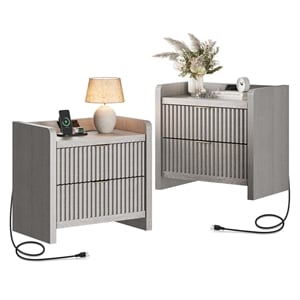 24&quot Grey Engineered Wood Nightstand with Charging Station & Fluted Drawers