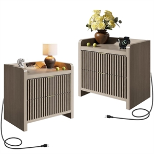 24&quot Grey Engineered Wood Nightstand with Charging Station & Fluted Drawers