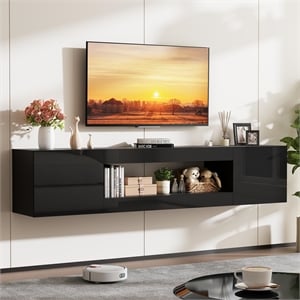 70&quot Black High-Gloss Floating TV Stand in Engineered Wood for 80&quot TVs