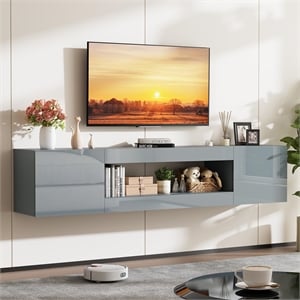 70&quot Gray High-Gloss Floating TV Stand in Engineered Wood for 80&quot TVs