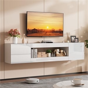 70&quot White High-Gloss Floating TV Stand in Engineered Wood for 80&quot TVs