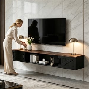67&quot Black Floating TV Stand in Engineered Wood for TVs up to 80&quot