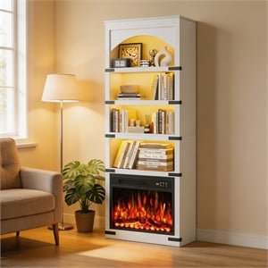 70&quot White Arched Bookcase with LED Lights and 5 Shelves in Engineered Wood