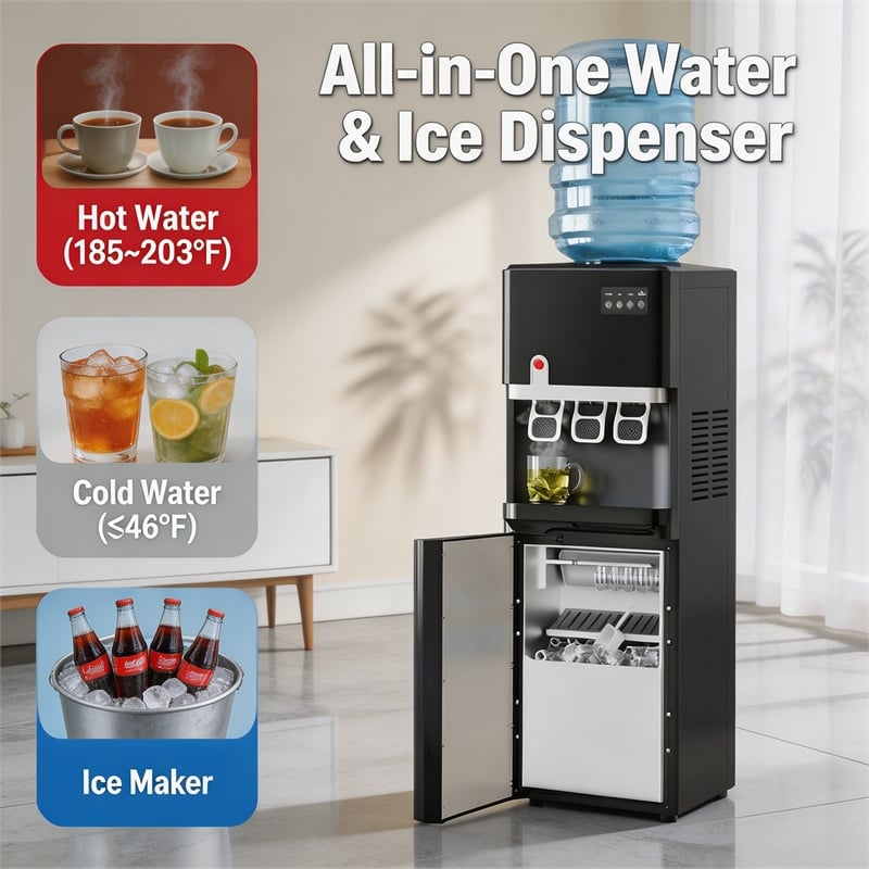 Silver Stainless Steel 4-in-1 Water Dispenser with Built-in Ice Maker