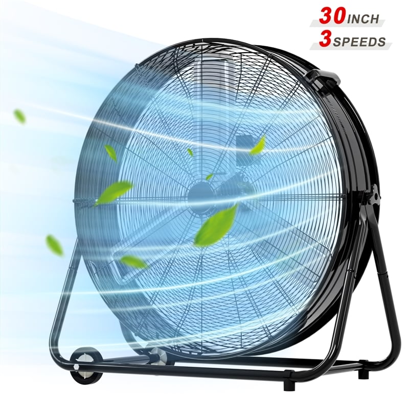 Black Steel 30 Inch Industrial Drum Fan with High Velocity 13000 CFM