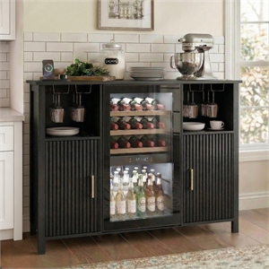 53&quot Black Engineered Wood Wine Bar Cabinet with Mini Fridge Space & Power Outlets