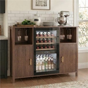53&quot Brown Engineered Wood Coffee Bar Cabinet with Mini Fridge Space & Power