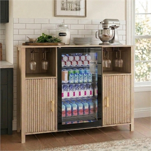 53&quot Medium Wood Engineered Wood Coffee Bar Cabinet with Mini Fridge Space