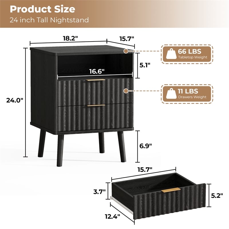 Black Fluted Nightstand - 2 Drawer Engineered Wood Bedside Table with Rose Gold Handle
